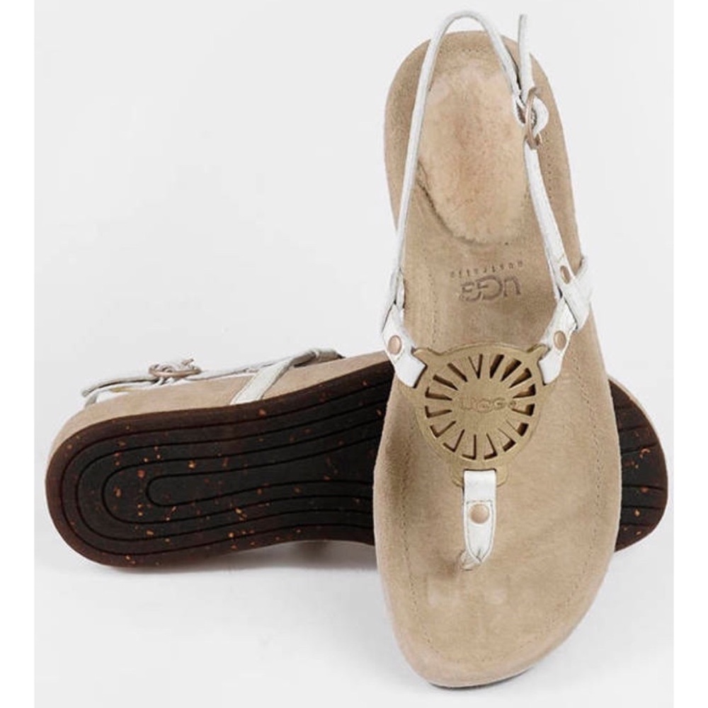 UGG Halendi Sheepskin Heel Puff Genuine Leather Flats Open Toe Sandals Shoes - Picture 4 of 16